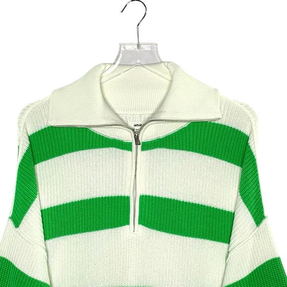 Aerie S Womens Oversized Beyond Quarter Zip Sweater Polo Green Stripe Acadamia - Picture 5 of 8
